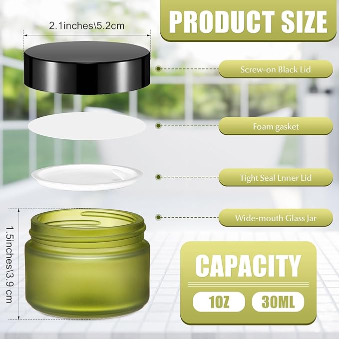 Domensi 60 Pcs 1oz Glass Jars with Lids Bulk Small Glass Salve Tins Cream Container Cosmetic Jars for Travel Balm with Inner Liners for Sample Cream (Green,Black Lid,Plastic Lid)