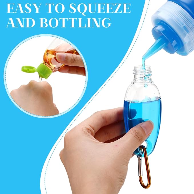 Yalikop 100 Pcs Traveling Bottles with Keychain 1oz Clear Plastic Keychain Bottle Leakproof Refillable Keyring Container Liquid Packing Container Portable Bottle with Colorful Lids for Liquid Cream