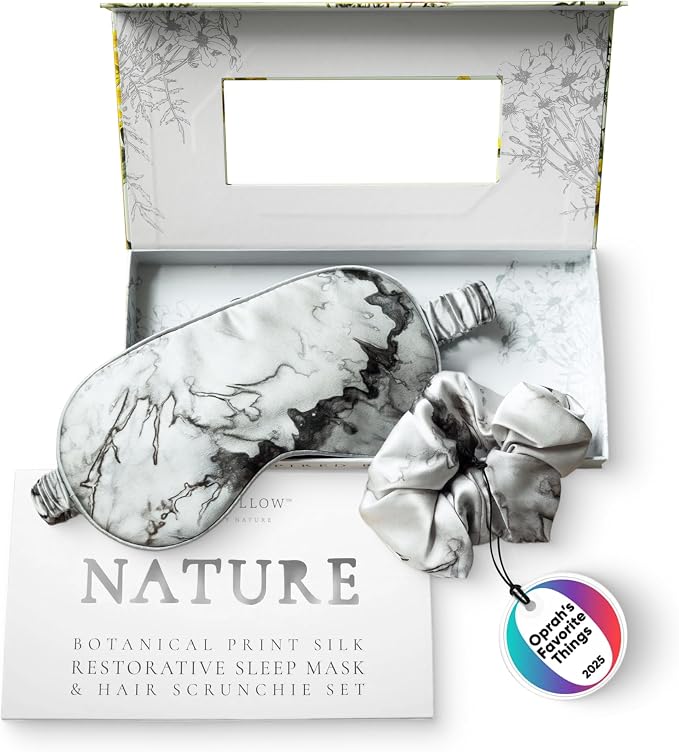 SILK & WILLOW - Botanical Print Pure Mulberry Silk Eye Mask & Scrunchie Gift Set, Luxurious Sleep Eye Mask & Hair Accessory Bundle, Durable Nature-Considerate Wellness Gifts for Women, Woodgrain
