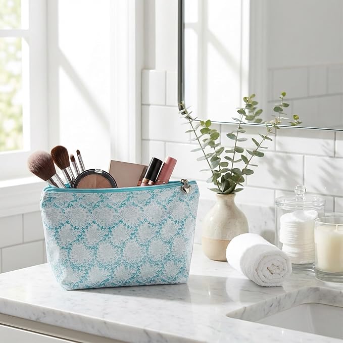 Jacaranda Living Medium Cosmetic Bag – Waterproof PVC-Lined Cosmetic & Toiletry Organizer, Zipper Pouch for Skincare, Makeup & Accessories, Aqua Trellis