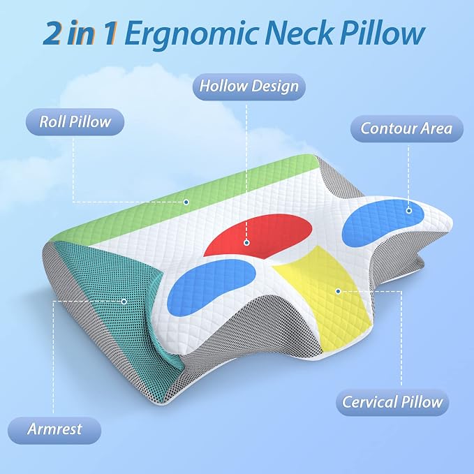 HOMCA Memory Foam Cervical Pillow, 2 in 1 Ergonomic Contour Orthopedic Pillow for Neck Pain, Contoured Support Pillows for Side Back Stomach Sleepers