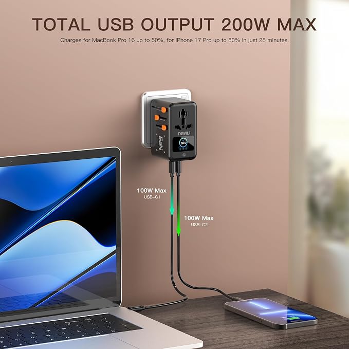 200W GaN Universal Travel Adapter with Smart Display, International Power Adapter with 3 USB-C & 1 USB-A Charging Ports, Travel Plug Adapter Worldwide for US to European UK AUS Ireland