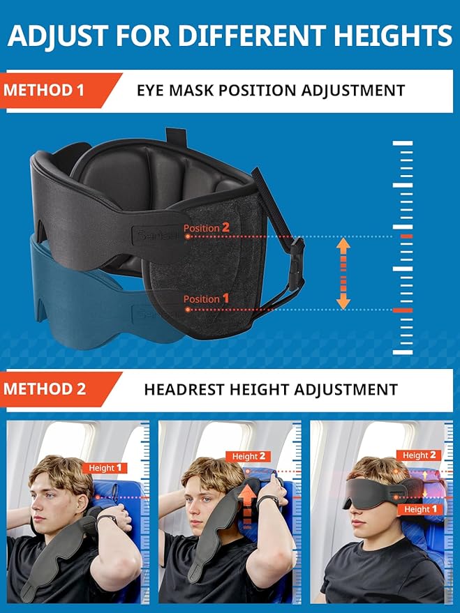 SARISUN Travel Pillows for Airplanes, Airplane Pillow for Long Flight, Airplane Head Strap with Eye Mask for Sleep, Travel Neck Pillow for Car Road Trip, 360° Support Headrest, Stop Bobblehead, Black