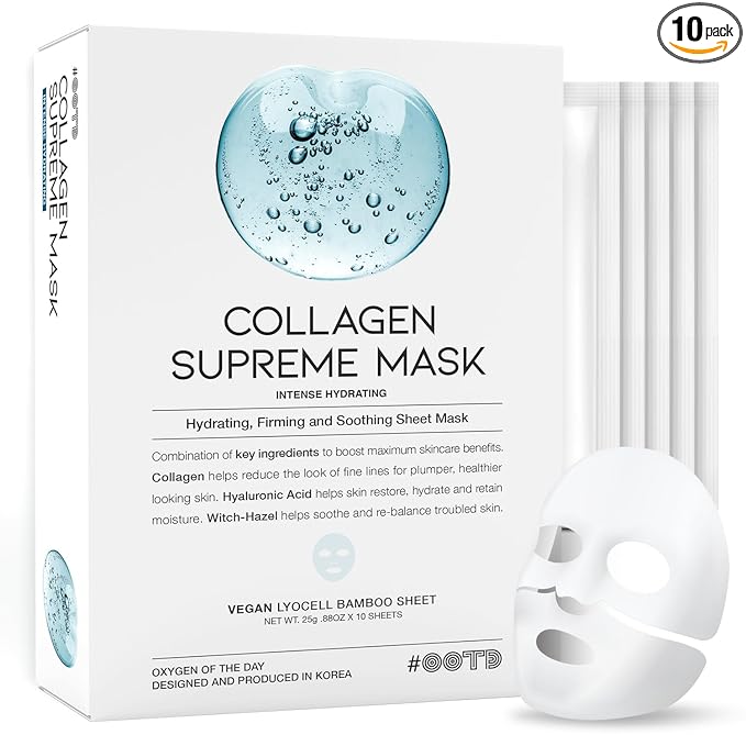 #OOTD Collagen Hydrating Sheet Masks for Face Korean Anti Aging Mask Sheet for Dry Skin & Sensitive Skin, EVE Vegan, Not Tested on Animals, No Parabens, No Sulfates, Hyaluronic Acid, Witch Hazel 10EA