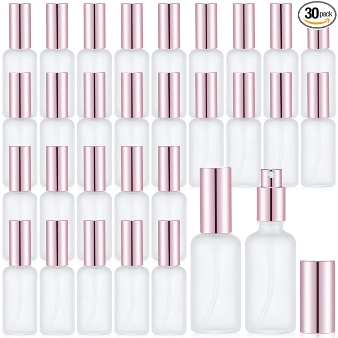 Roshtia 30 Pcs Glass Spray Bottle Clear Empty Bottles Small Refillable Reusable Perfume Bottle with Fine Mist Sprayer Pump for Face Body Travel(1.69 oz,Rose Gold)