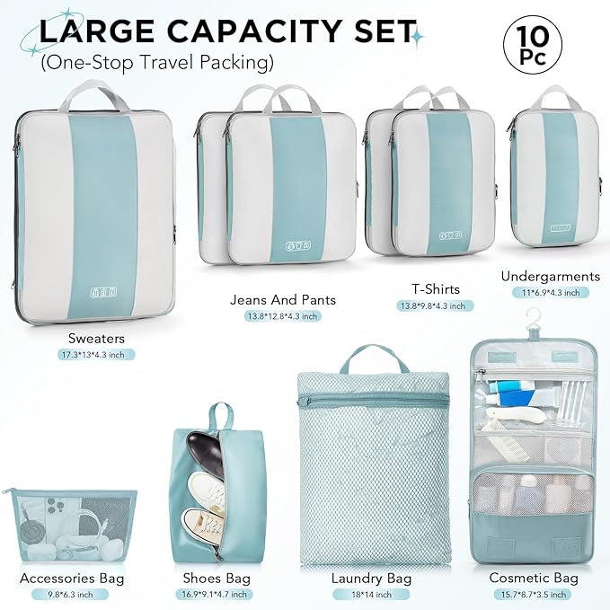 10 Set Compression Packing Cubes for Travel Essentials,Compressible Expandable Packing Cubes for Suitcase,OlarHike Luggage Garment Bags for Travel,Handy Helper for Organizing Clothes(Blue Gray)