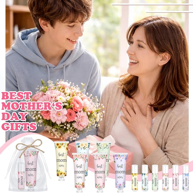 48 Sets Best Mom Ever Church Gifts Bulk for Women Birthday Gifts for Mom Hand Cream and Lip Balm Set with Organza Bag Thank You Card Mother Gift Bag Stuffers