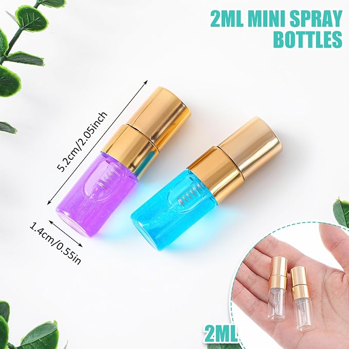Zhehao 10 Pcs Mini Spray Bottles 2 ml Clear Glass Perfume Bottles Refillable Fine Mist Perfume Atomizer Portable Empty Sample Containers for Cleaning, Essential Oils, Travel (Gold Cap)