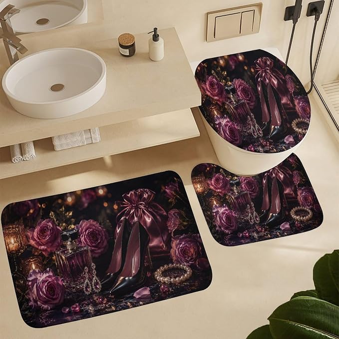 Elegant Purple Roses and Jewelry Bathroom Rug Set 4 Piece with Shower Curtain Non Slip Bath Mat Set Microfiber Bathroom Decor Toilet Lid Cover U Shape Rug Waterproof Bathroom Accessories