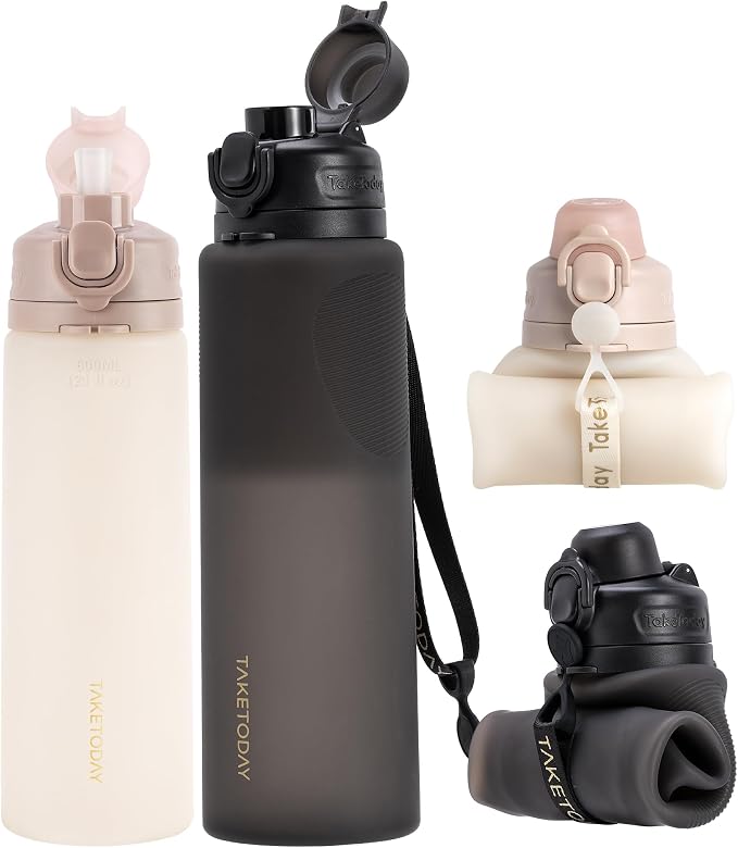 TakeToday Collapsible Water Bottles 32oz Black and 20oz Desert Sand Foldable Travel Water Bottle with Strap, BPA Free, Silicone Water Bottle Leakproof for Hiking, International Travel, Outdoors