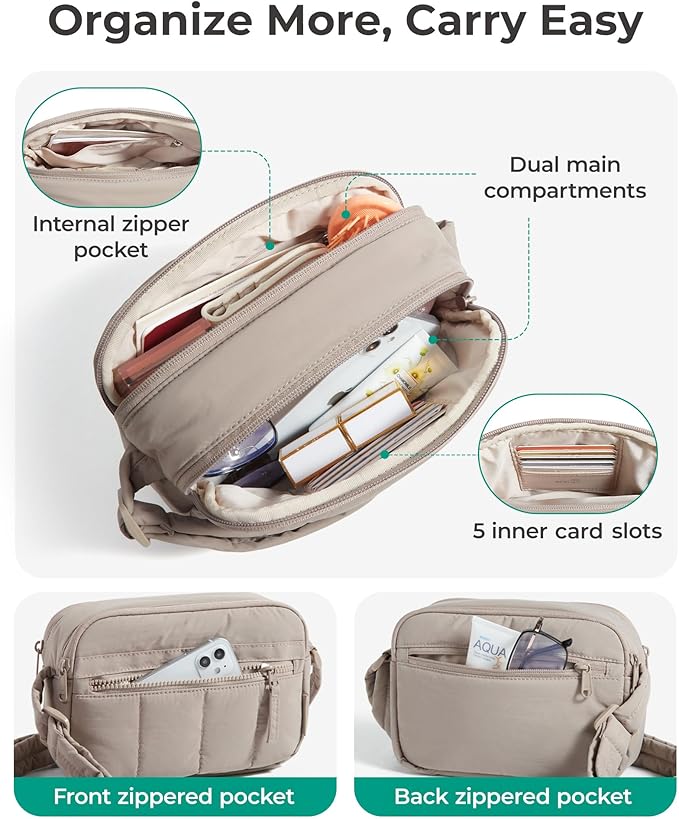 BAGSMART Cross Body Purse, Mini Crossbody Bags for Women Travel Purse, Puffy Shoulder Handbag Wallet with RFID Blocking Slots, Light Gray-small