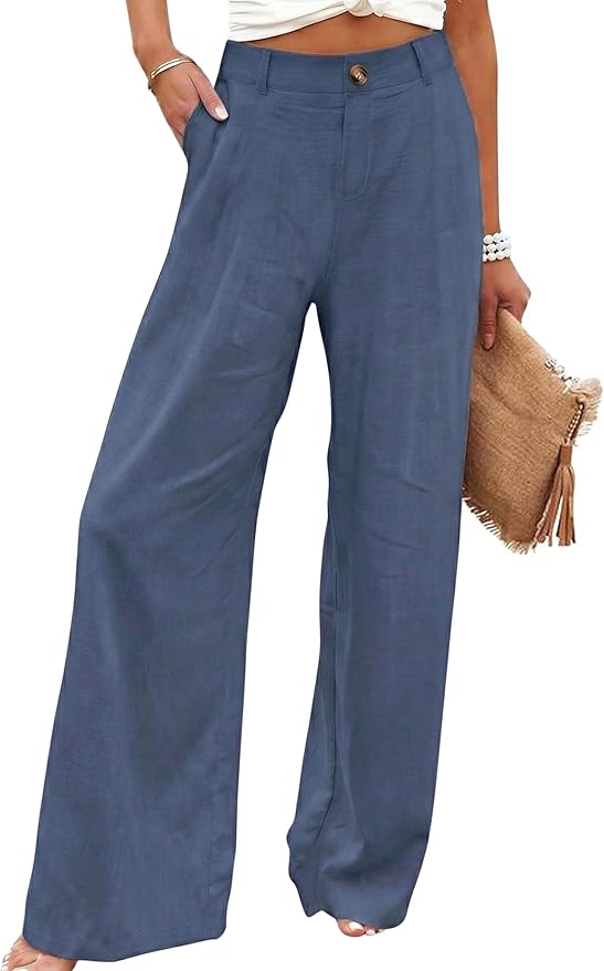 Hooever Womens Cotton Linen Pants Casual Button Up High Waisted Wide Leg Trousers