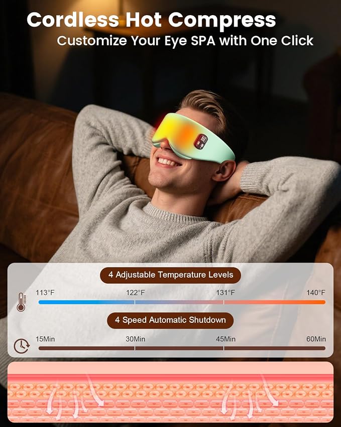 Heated Eye Mask - Cordless Eye Mask for Dry Eyes, Eye Relief, Improved Sleep, Timed Shutdown, 4 Temperature, Washable Eye Heating Pad for Travel, Removable for Cleaning - Green