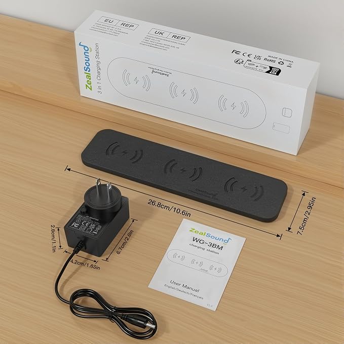 ZealSound Wireless Charging Pad, 3-in-1 Fast Wireless Charger with 36W Adapter for iPhone 17/16/15, Samsung Galaxy, AirPods & Galaxy Buds, Ultra-Slim PU Leather Charging Station for Home Office Travel