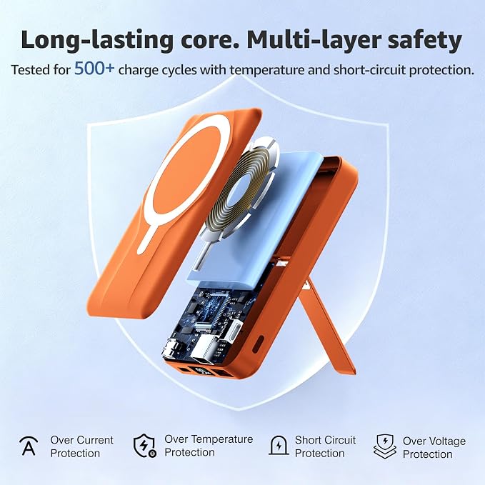 Azmuth Magnetic Power Bank,10000mAh for MagSafe Battery Pack, 22.5W PD Fast Charging,LED Display & Foldable Stand Wireless Portable Charger for iPhone 17/16/15/14/13/12/Pro/Pro Max/Plus,Orange