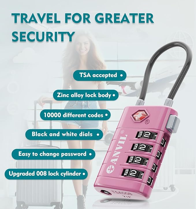 ANVIL TSA Approved Luggage Locks with Search Alert Indicator, 4-Digit Combination Suitcase Lock, Advanced TSA008 Core Heavy Duty Anti-Theft Travel Lock for Double Zippers, Backpacks