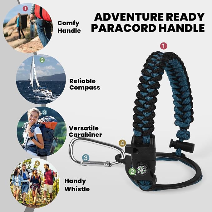 RAYMYLO Insulated Water Bottle 24 oz, Triple Wall Vacuum Stainless Steel (Cold for 24Hrs, Hot for 12Hrs), Leak Proof & Non-BPA, Modern Water Flask Jug with Paracord Handle & Straw Spout Lids