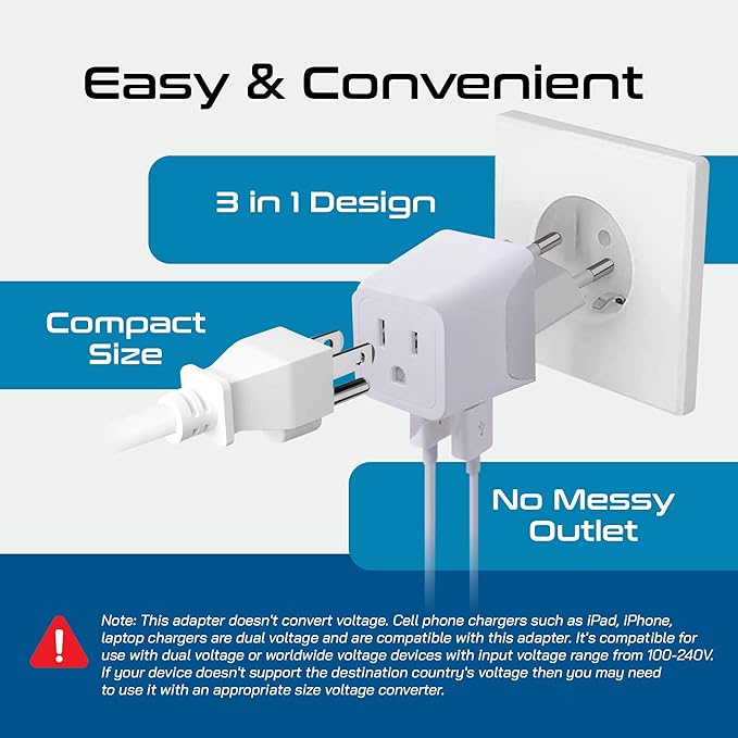 Ceptics European, Egypt Travel Adapter Plug with Dual USB - Type C - Europe - Usa Input - Light Weight - Perfect for Cell Phones, Chargers, Cameras and More - 2 Pack