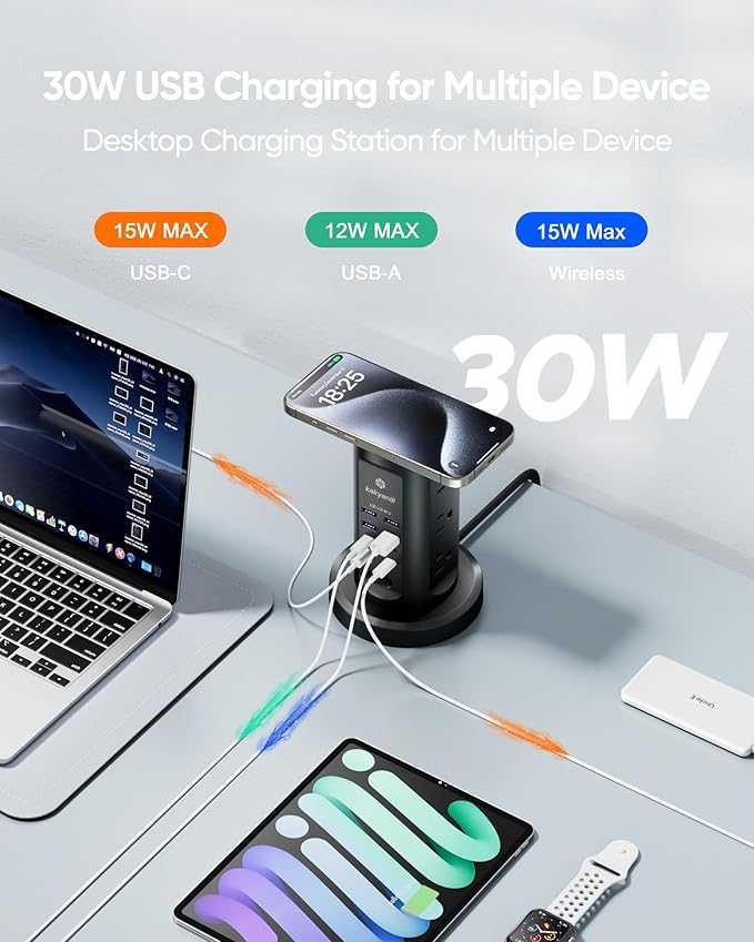 Kakyanill 30W USB Charging Station, Power Strip Tower, 9 AC Outlets with 8 USB Ports(4 USB-C), 6Ft Flat Plug Retractable Extension Cord, for Home Office Dorm, Black