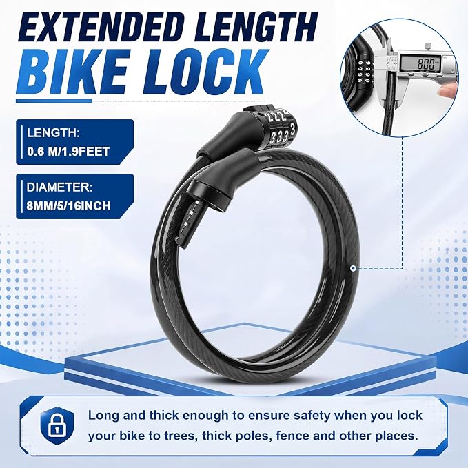 Hotop 2 Feet Bike Lock Cable with Combination, Coiled Preset Bike Lock High Security 4 Digit Bicycle Locks Anti Theft Bikes Accessories Black Bicycle Cable Locks, 5/6 Inch Diameter(10 Pcs)