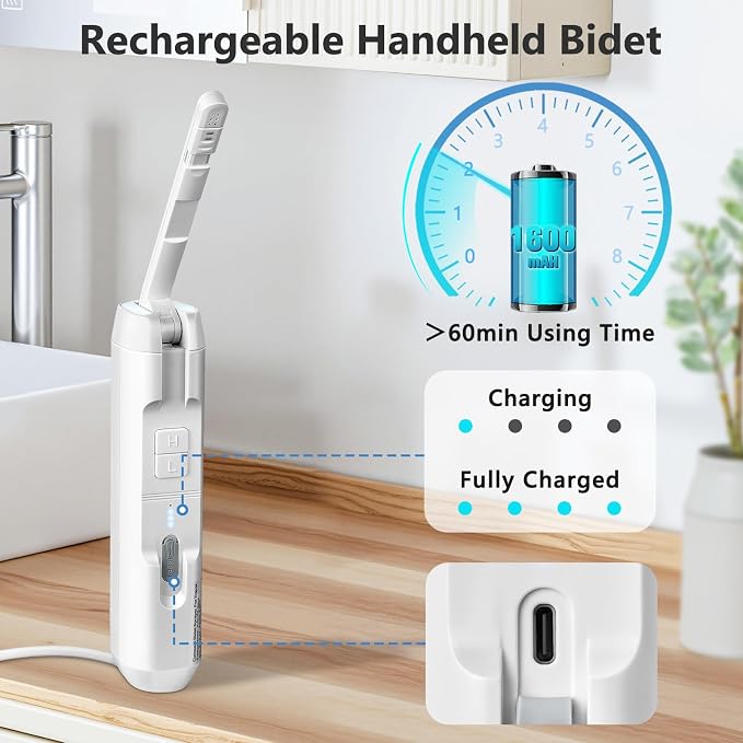 SPACEREST Portable Bidet for Home & Hotel use, Travel Bidet with Adjustable High Pressure & Flush Angle, IPX7 Waterproof, 1600mAh Electric Bidet for Women & Men with 2.5L Reservoir
