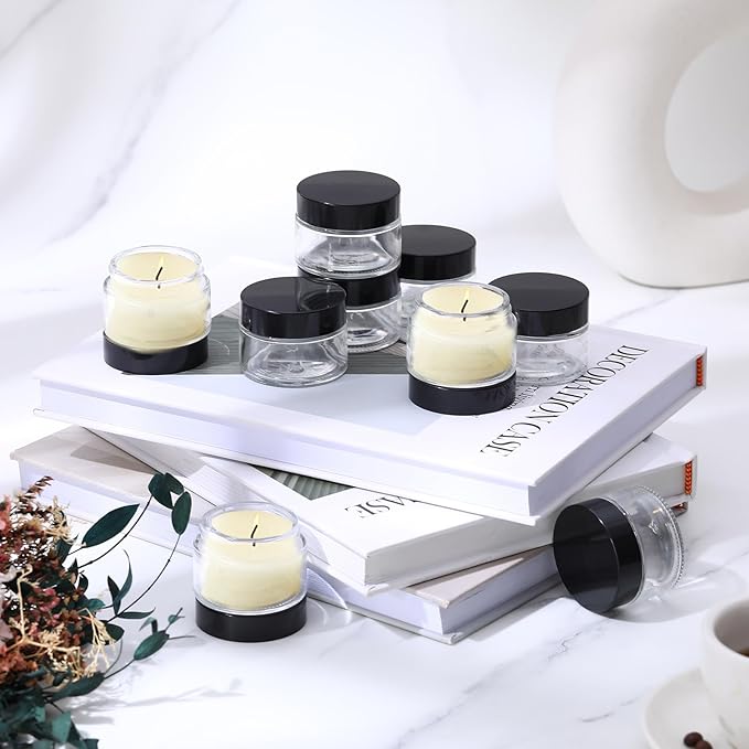 Domensi 100 Pcs 1oz Glass Jars with Lids Bulk Small Glass Salve Tins Cream Container Cosmetic Jars for Travel Balm with Inner Liners for Sample Cream (Clear,Black Lid,Plastic Lid)