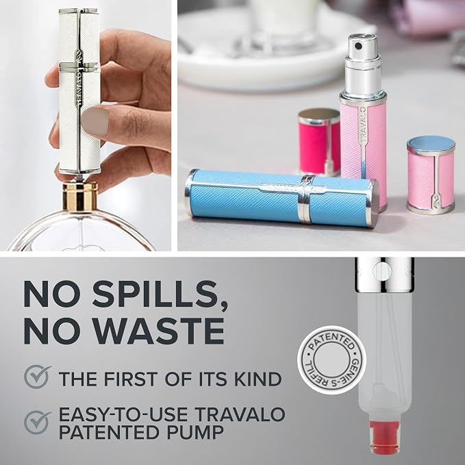 Travalo Milano Perfume Atomizer - Leak-Proof and TSA Approved for Air Travel - Reusable, Airtight, Easy Fill Mini Pump Sprayer - Lightweight, Vegan Leather with Polished Metal Outer Shell - White