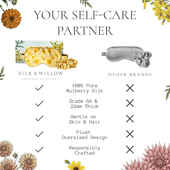 SILK & WILLOW - Botanical Print Pure Mulberry Silk Eye Mask & Scrunchie Gift Set, Luxurious Sleep Eye Mask & Hair Accessory Bundle, Durable Nature-Considerate Wellness Gifts for Women, Marigold Yellow