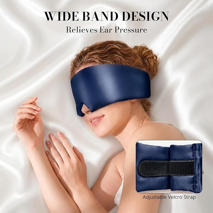 22 Momme Pure Mulberry Silk Sleep Mask, 3D Contoured Cup Eye Mask for Sleeping, Super Soft Breathable Blindfold with Adjustable Strap, Perfect Blocks Light for All Night Sleep, Blue