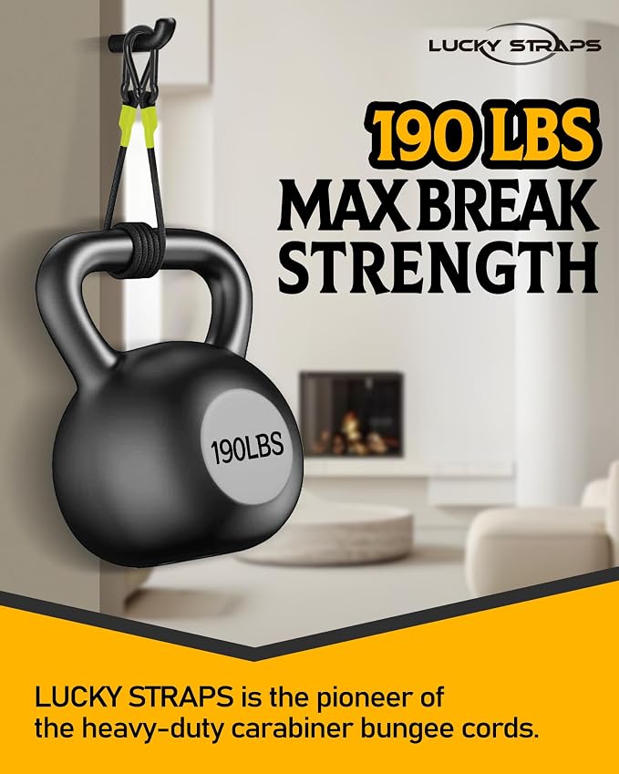 8 Pcs 60 Inch Heavy Duty Carabiner Bungee Cord Outdoor with 190 Lbs Max Break Strength, Black/Yellow Bungee Straps with Upgraded Carabiner Hooks for Luggage Rack, Cargo, Hand Carts, Bike, Camping, etc