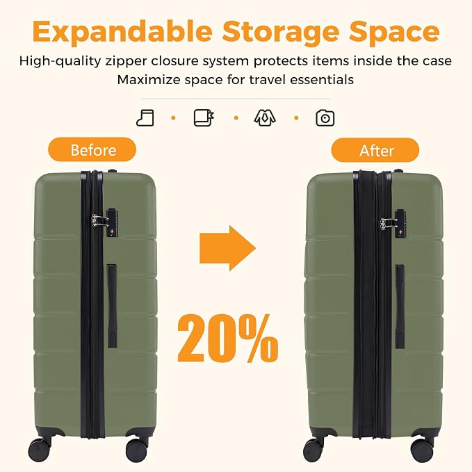 NEWBULIG 28 Inch Checked Luggage, ABS Hard Shell Lightweight Rolling Expandable Suitcase with Smooth Spinner Wheels and TSA Lock for Business Trips and Daily Vacations, Green