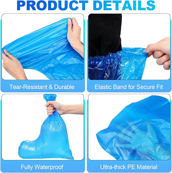 Chicingyou 200 Pack Thick Disposable Boot and Shoe Covers Non Slip Heavy Duty Plastic Shoe Covers 19" Tall for Indoors Outdoor Rain Snow Contractors Plumbers Gardening Work Boots (Blue)