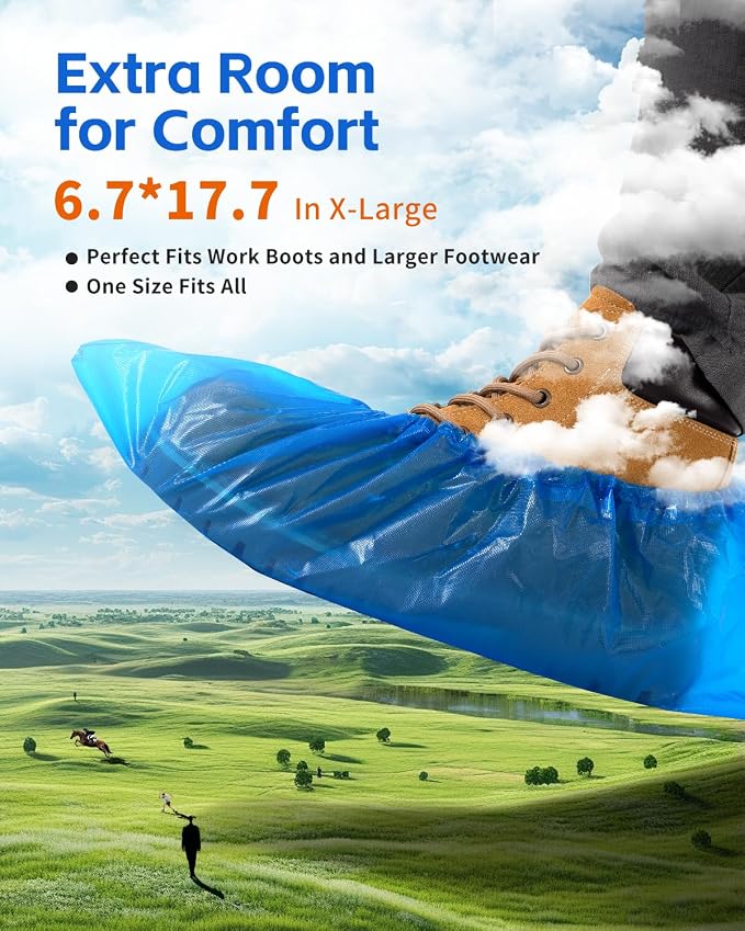 Buself Heavy Duty Disposable Shoe Covers, Extra Large 6.7x17.7 In, Thick 0.3 Oz, Waterproof Non-Slip Shoe Booties, 100 Pieces Boot Covers for Indoor/Outdoor Use, One Size Fits All