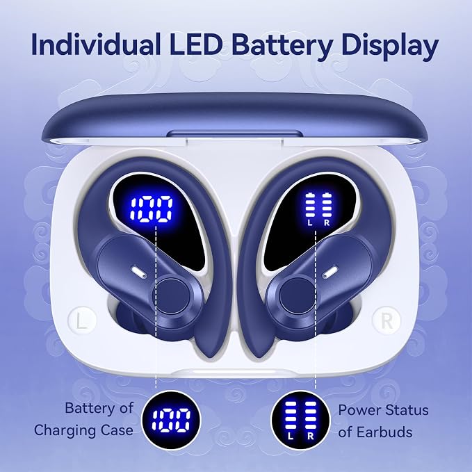 Active Noise Cancelling Ear Buds Wireless Earbuds 80H Playtime Bluetooth Headphones with LED Display Case, Hi-Res Audio Clear Calls Earphones with Over Ear Hooks for Running Gym Workout Travel Blue