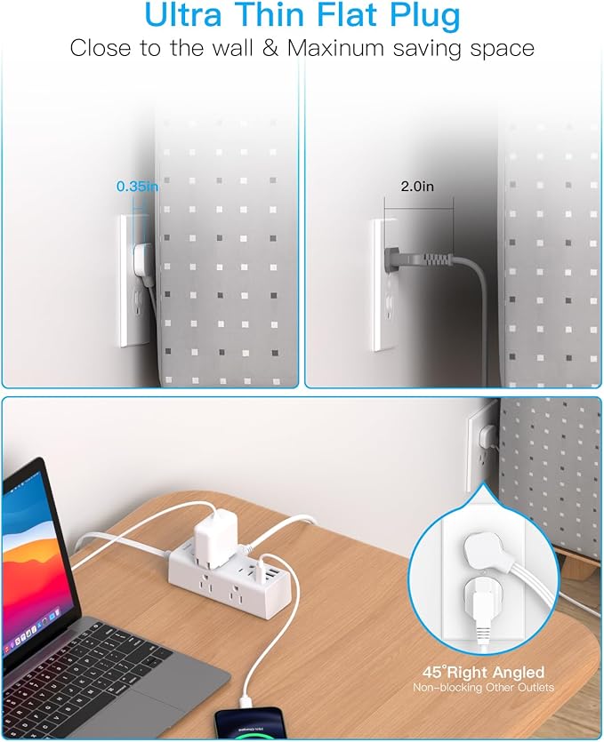 1Ft Extension Cord with Multiple Outlets, Flat Plug Power Strip Surge Protector with 1 Ft Cord, 6 Outlet 4 USB Ports (2 USB C), Multi Outlet Wall Plug for Travel, College, Dorm Room Essentials(White)