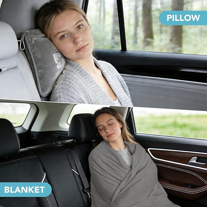 SINLAND Travel Pillow and Blanket 2-in-1 Set,Airplane Packable Bag,Soft and Lightweight Plane Flight Car Trips Travel Essentials Gift,Hand Luggage Sleeve and Backpack Clip,60x52 Inch Grey