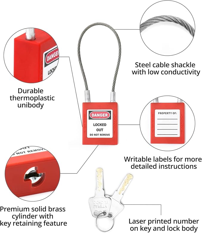 QWORK 4 Pack Lockout Tagout Steel Cable Locks with 8 Keys, Compact Cable Padlock, Red Keyed Different Electrical Lockout Padlock Set