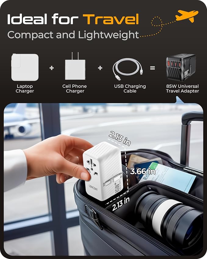 LENCENT 85W Universal Travel Adapter with Retractable USB C Cable, GaN International Plug Adapter with 3 Type C &1 USB A Ports Fast Charging, Worldwide Outlet Converter for US to European EU UK AUS