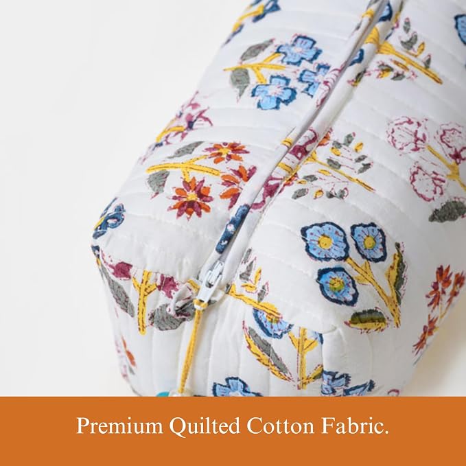 Saffron Marigold Quilted Makeup Bag Set of 3, Hand Block Printed Cotton Cosmetic Bags for Women, Waterproof Lined Travel Toiletry Bag, Coquette Floral Aesthetic, Handmade Gift, Wildflower Fields
