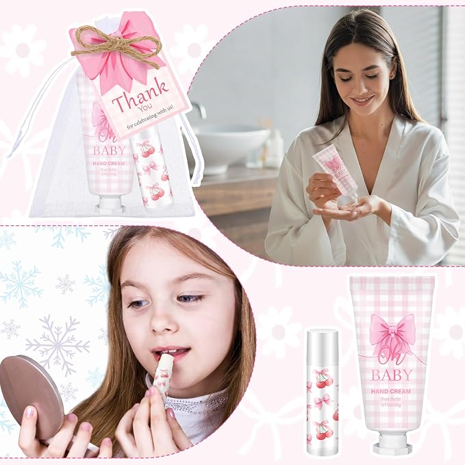 50 Set Pink Baby Shower Gifts Bulk Woman Bow Baby Shower Favor for Guests Lip Balm Hand Cream Include 50 Lip Balm 50 Hand Cream 50 Bag 50 Tag Gender Reveal Wedding Bridal Party Favors Gift
