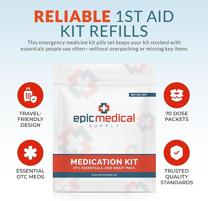 Epic Medical Supply First Aid Kit Medication Refill – 70-Count Unit Dose Packets – Emergency Medicine Kit Pills for 1st Aid Kit Refills, Travel, Office, Dorm, Camping – Assembled in USA (70 Pieces)