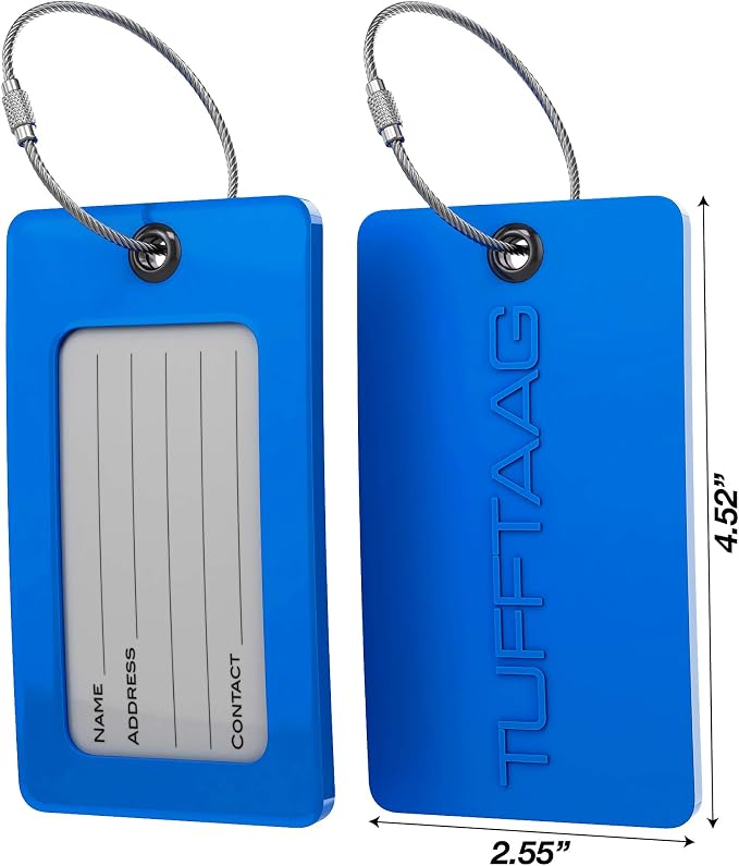 Luggage Tags Business Card Holder by TUFFTAAG - Flexible PVC Travel ID Bag Tag, Blue, 2 Pack