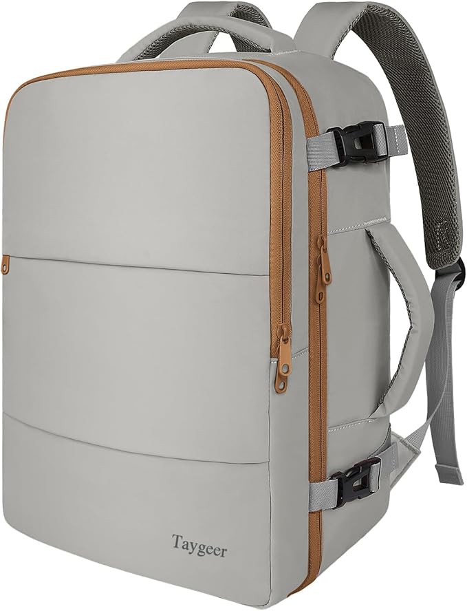 Taygeer Carry On Backpack for Men Women, Travel Backpack with Water Bottle Pocket & Shoe Pouch, Laptop Mochila 17.3inch Flight Approved, College Teacher Tote Bag for Business Travel, Dark Brown Khaki