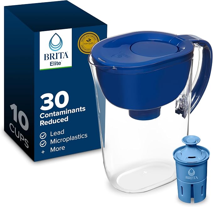Brita Large 10-Cup Elite Water Filter Pitcher, WQA NSF/ANSI Certified, Reduces 99% of Lead, Microplastics, & 30 Contaminants, BPA-Free, Removes Chlorine Taste & Odor, 1 Elite Filter, Blue