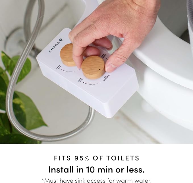 TUSHY Spa Warm Water Bidet Attachment for Toilet. Universal Fit, Easy Install (Requires Sink Access for Optional Temperature Control) Self Cleaning, Adjustable Pressure, Angle Control, Pink/Bamboo