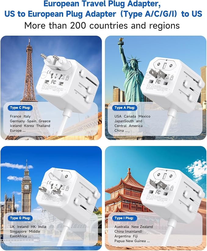 European Travel Plug Adapter - Multi Country Outlet Adapter with 3 AC Outlets & 4 USB(2USB-C)4.2A, 5ft Universal Power Cord, Worldwide Outlet Charger for Europe EU Germany France, Type A/C/G/I, Travel