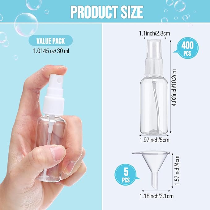 Uiifan 400 Pcs Mini Clear Spray Bottles 1 oz Small Empty Plastic Fine Mist Spray Bottles with Small Funnels for Essential Oils Travel Alcohol Perfumes