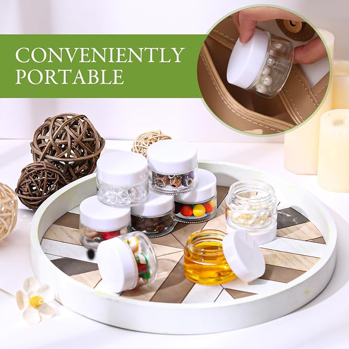 Domensi 100 Pcs 1oz Glass Jars with Lids Bulk Small Glass Salve Tins Cream Container Cosmetic Jars for Travel Balm with Inner Liners for Sample Cream (Clear,White Lid,Plastic Lid)