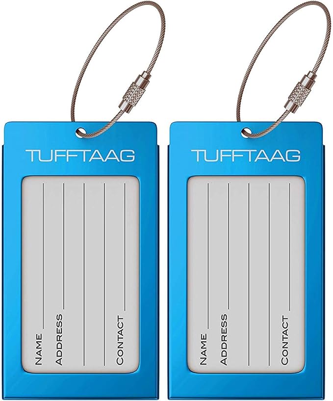 Luggage Tags Business Card Holder by TUFFTAAG - Durable Travel ID Bag Tag, Blue Azure, 2 Tags
