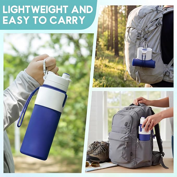 LemonRoad 2 Pcs 26 oz Silicone Collapsible Water Bottle, Portable Foldable Water Bottle Leakproof with Carabiner Reuseable Lightweight for Travel Sports Hiking Camping Cycling Office (Blue,Green)